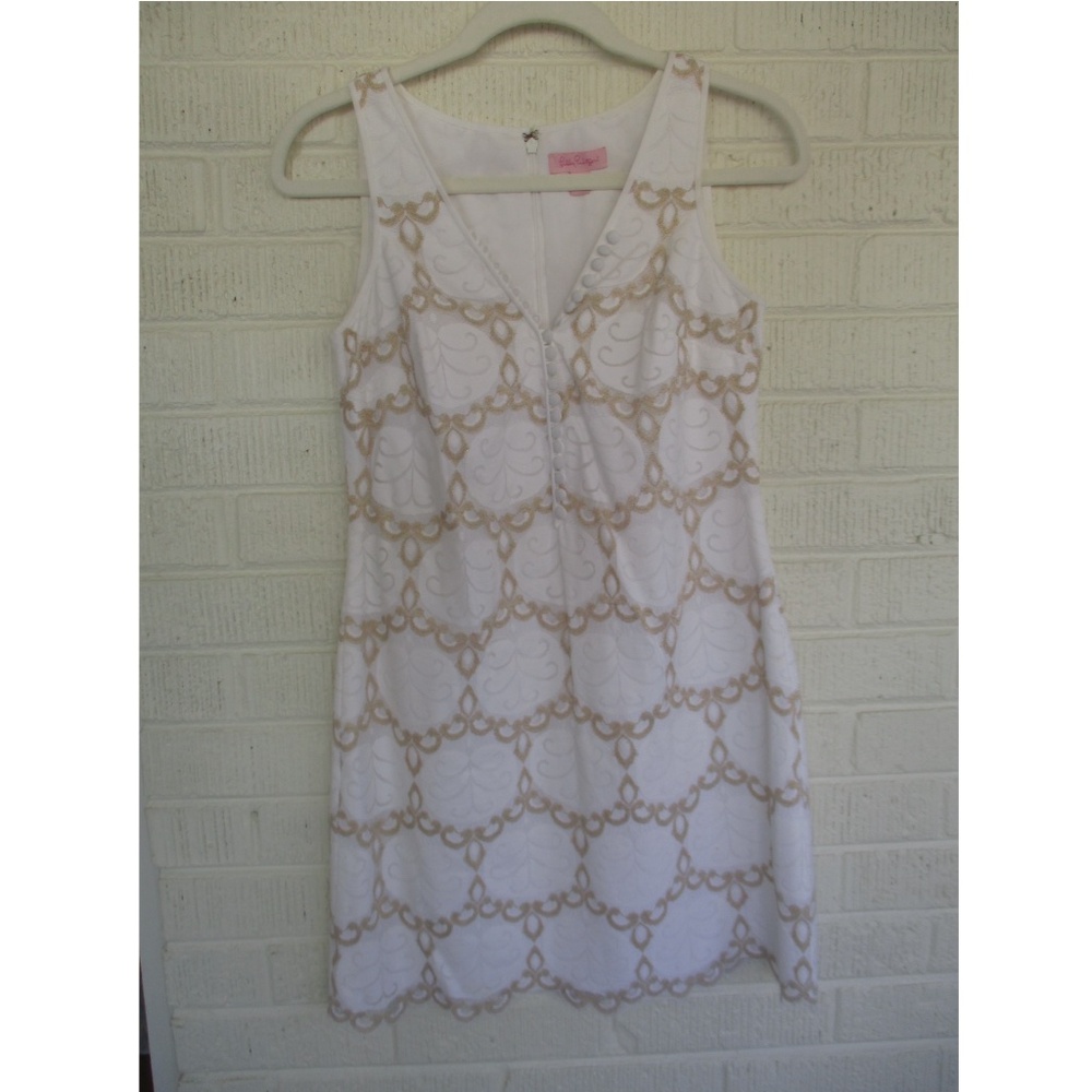 Lilly Pulitzer Nadine White and Gold Metallic Lace Shift Dress Mini